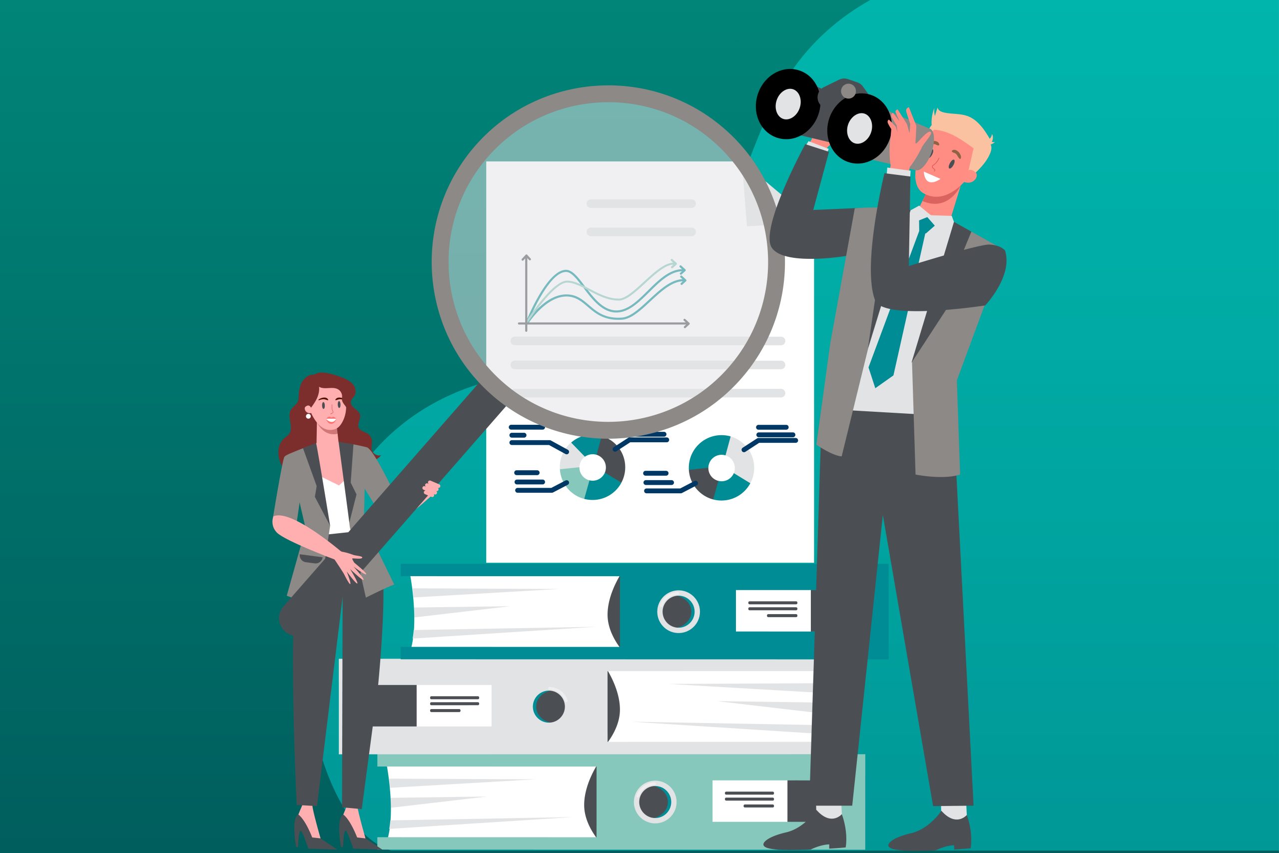 Person looking through binoculars at a financial close report