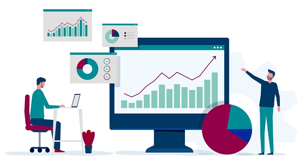 5 Best Practices to Enhance Your Reconciliation Process | Assess Key Performance Indicators | Two illustrated individuals gather around computer monitor with screen displaying graphs and pie charts analytics