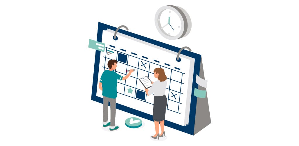 How to Assess and Improve Your Financial Close | Two illustrated individuals looking at calendar and marking off the days