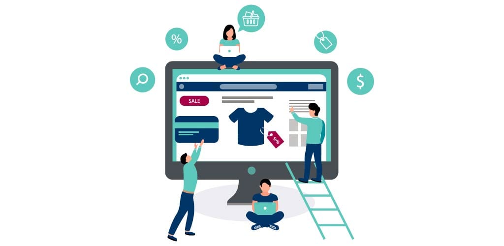 Best Practices for the E-Commerce Financial Close | Identify Business Process if Not Yet Online | Four illustrated individuals are gathered around computer screen gathering ideas for e-commerce business