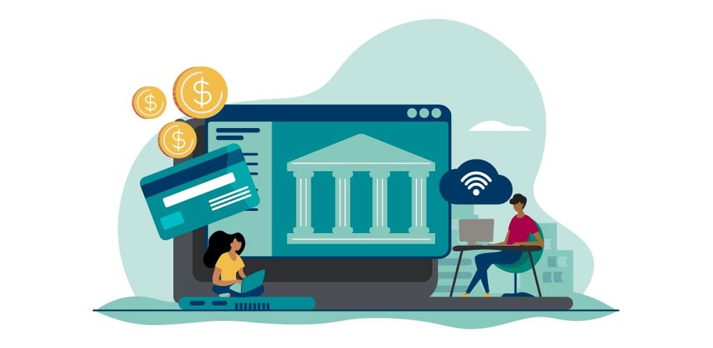 Best Practices for the E-Commerce Financial Close | Identify Variances for Merchant Fees | Two illustrated individuals are gathered around a computer displaying a bank while they figure out transactions and fees