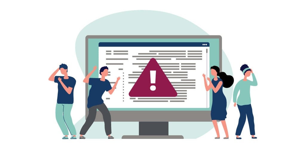 Catalysts for Digital Finance Acceleration | Inability to Assess Risk Profile | Four illustrated individuals are gathered around computer with error symbol, frustrated and unsure of how to react