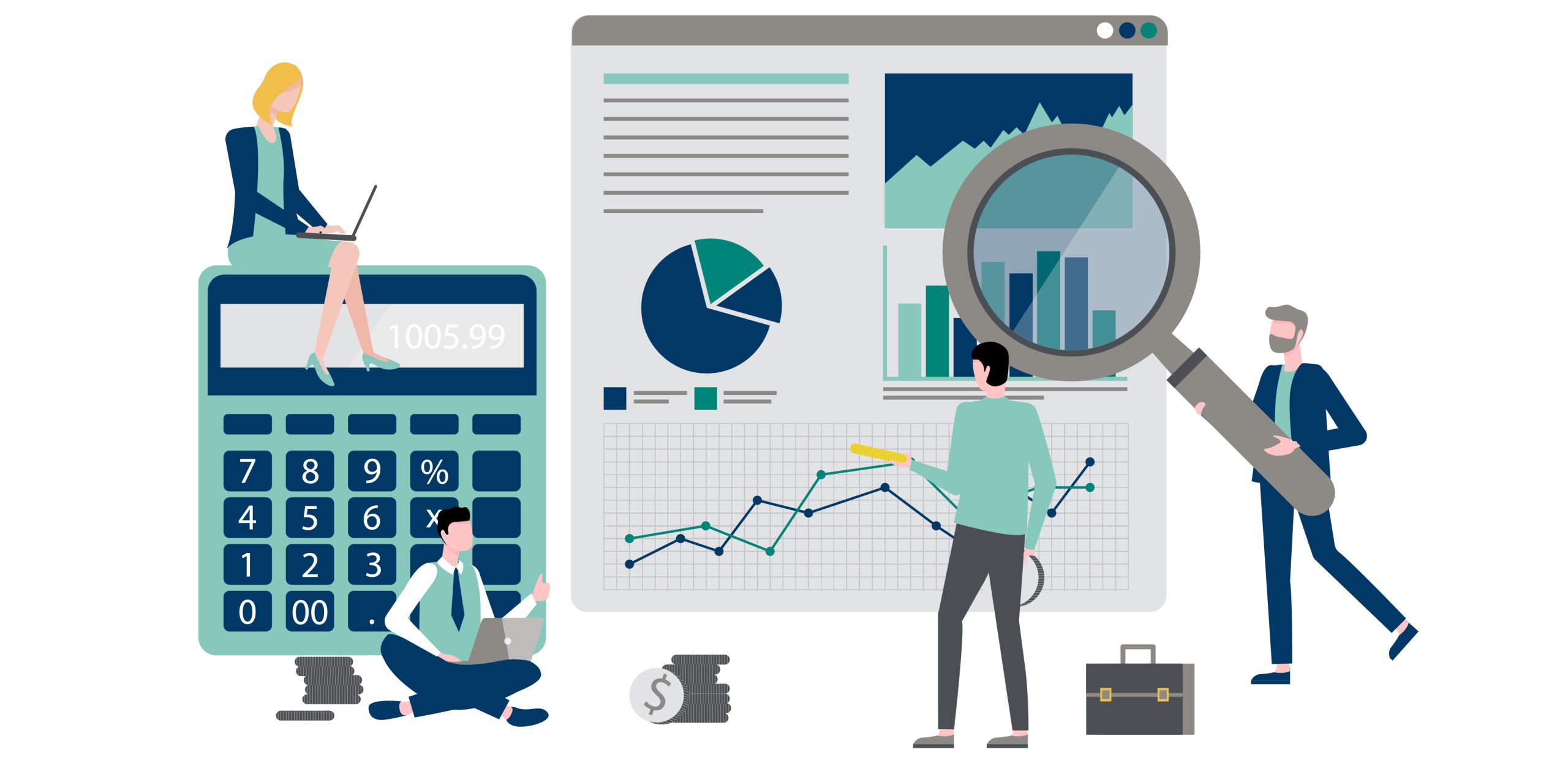 Controller’s Guide to Vendor Statement Reconciliation | Manual Processes | Four illustrated individuals gather around a report, one holding a magnifying glass over the report while one sits atop a calculator