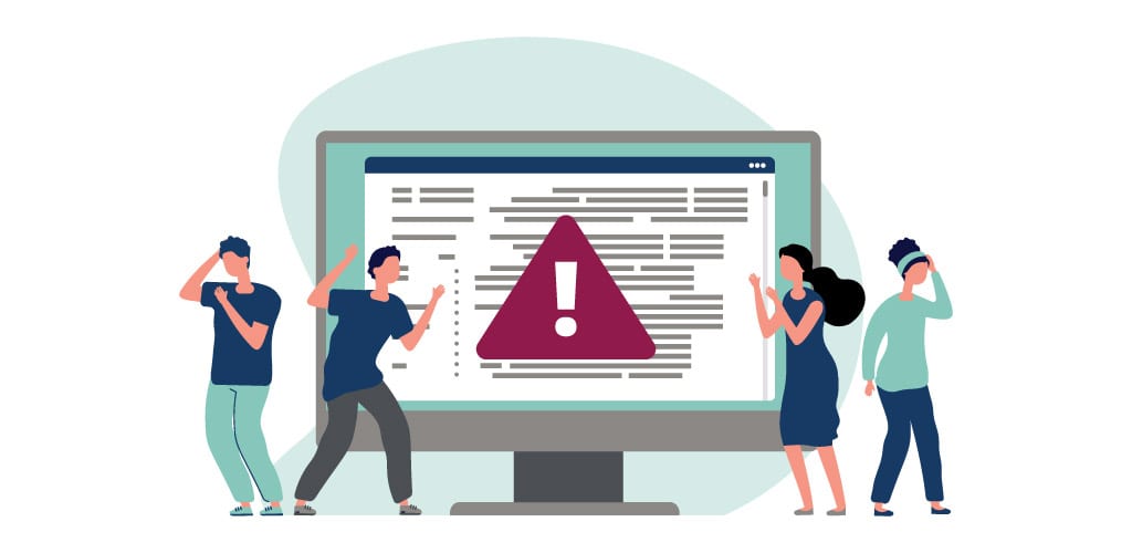 How Delaying Financial Automation Impacts CFOs | Increased Risk of Financial Data | Four illustrated individuals around computer monitor with large exclamation point indicating an error
