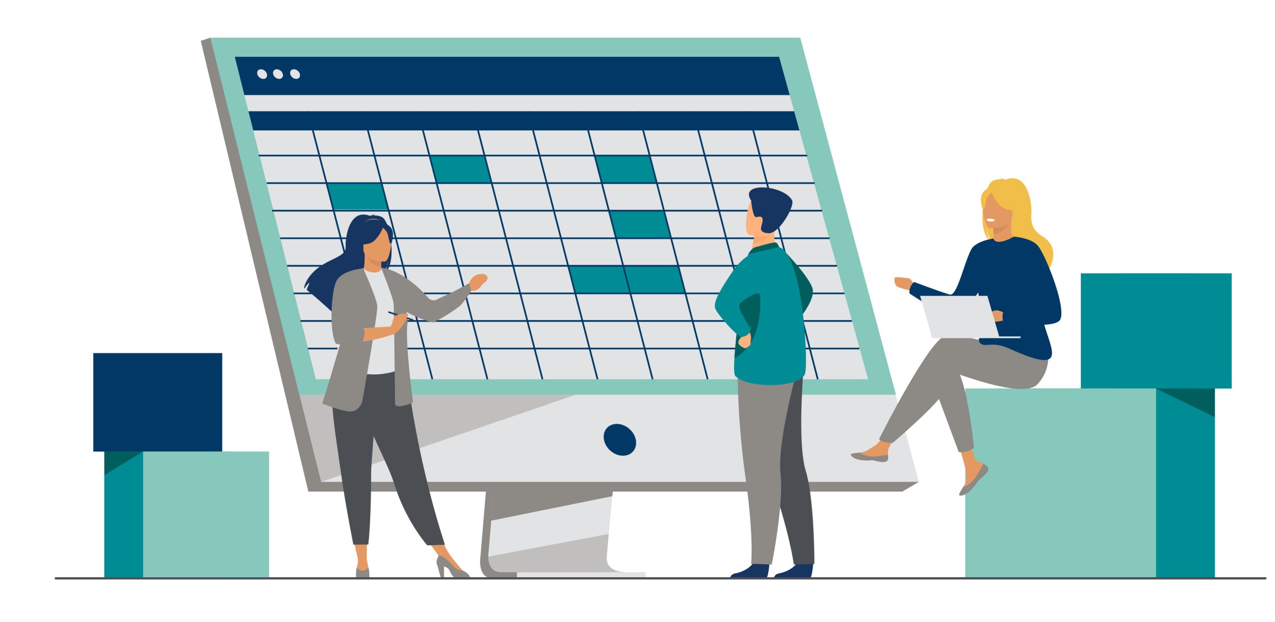 Guide to Automating Financial Close Processes | Account Reconciliations | Three illustrated individuals gather around a computer monitor to glance at accounting financial figures