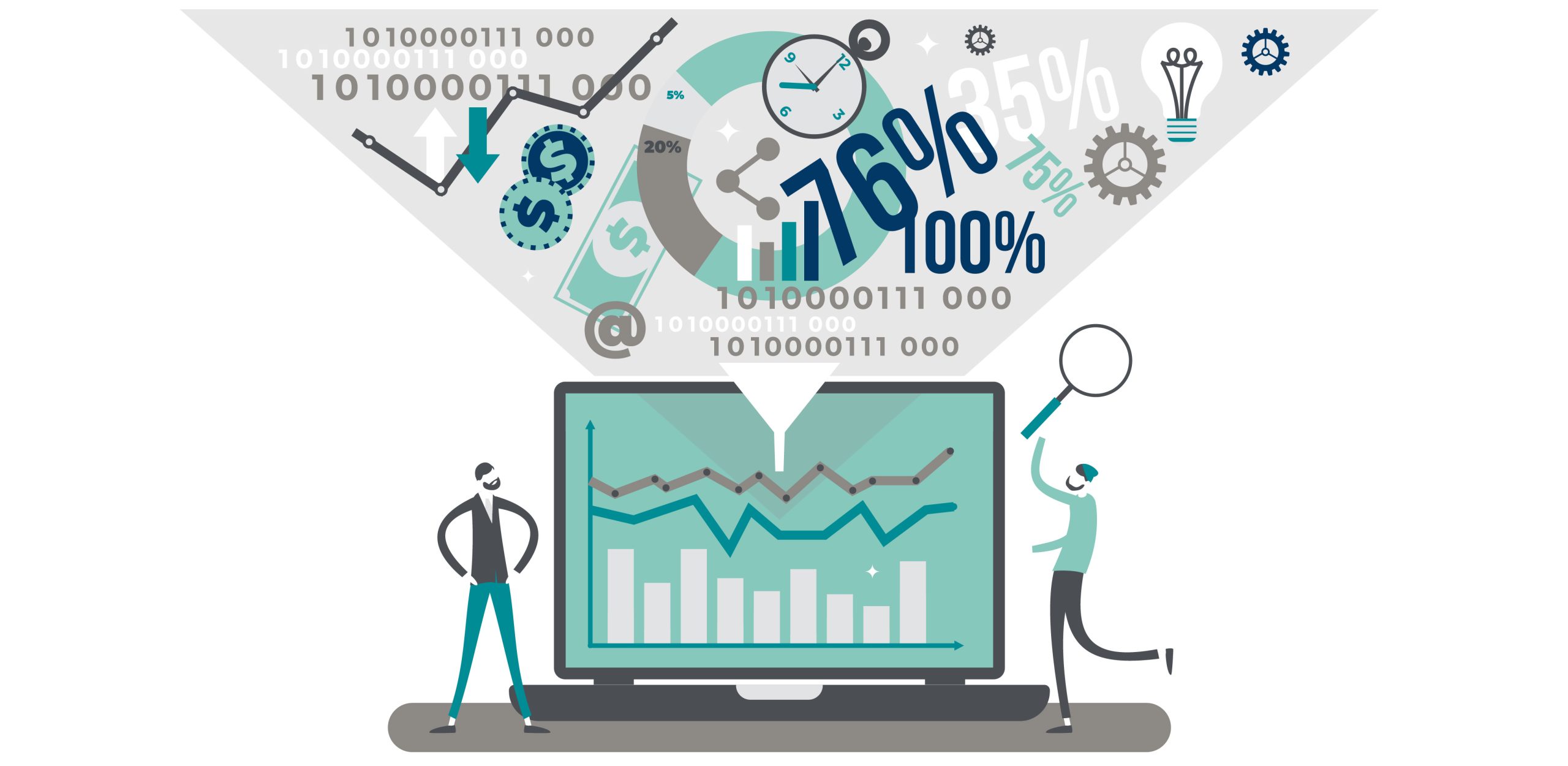 Guide to Automating Financial Close Processes | ERP Data Integration | Two individuals analyze a series of numbers, figures, graphs funnel into computer