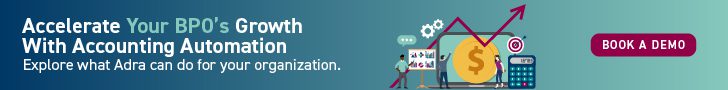 Accelerate Your BPO's Growth with Accounting Automation. Explore what Adra can do for your organization. Image of three illustrated business finance professionals gather at computer, chart graphs, and calculator with arrow pointing upwards to show organizational growth. Book a Demo CTA Button