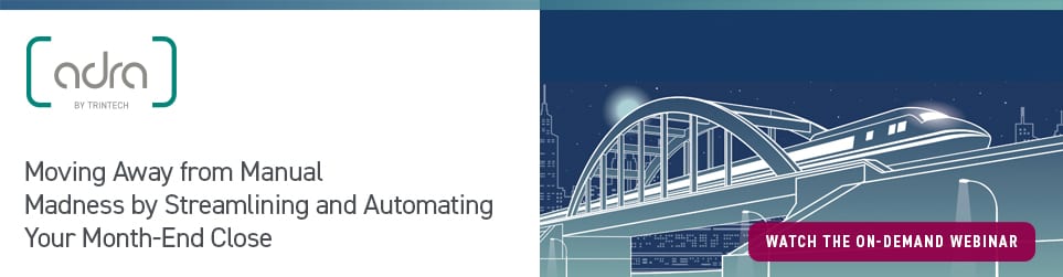 Moving Away from Manual Madness by Streamlining and Automating Your Month-End Close | Watch the Adra by Trintech Webinar CTA | Graphic of rail train going across bridge