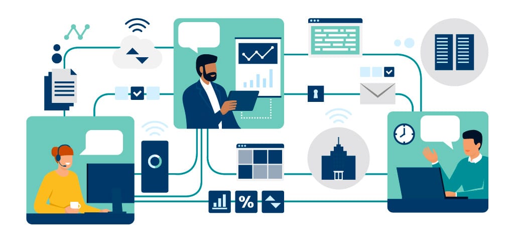 Seamlessly Integrate Your Financial Close Processes | Application Connector API | Interconnected web of information flowing from three individuals at work