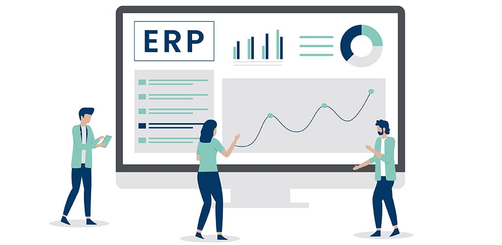 Seamlessly Integrate Your Financial Close Processes | Pre-Built ERP Connectors | Three illustrated individuals gather around computer screen monitor with ERP system on screen