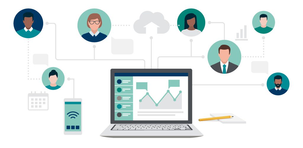 Three Elements of an Integrated Close Process | Vector illustration of laptop computer screen with graphs and menus spreads to web of business professionals in circles. They are all interacting with the financial data