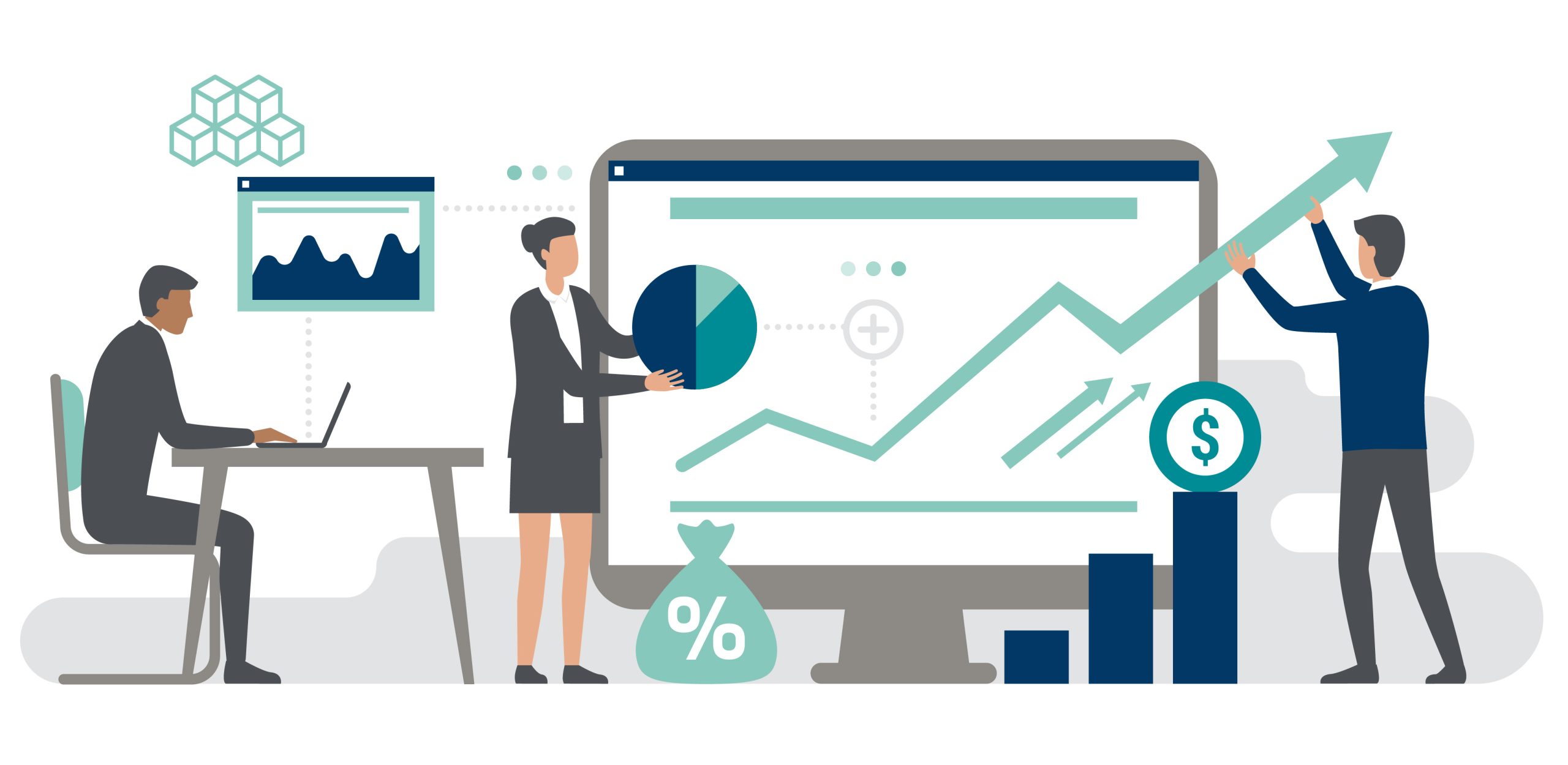 Three Elements of an Integrated Close Process Technology | Three illustrated business people stand in front of computer laptop screen showing graphs and data. They are assessing the financial close data