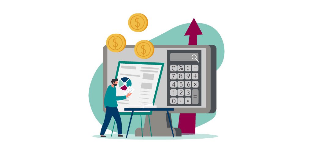 The Guide to Variance Analysis in the Month-End Close | The Benefits of Conducting Variance Analysis in the Month-End Financial Close | Man with paper in his hand is inspecting variances that have shown on finance report. He has a desktop computer screen in front of him alongside a calculator. There is a dark magenta arrow pointing upwards to signify growth in profits