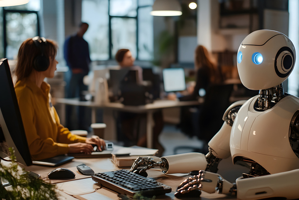 The Future of Work, A Robot Sits at a Desk in a Modern Office with Colleagues, Highlighting the Integration of AI and Automation in Professional Settings