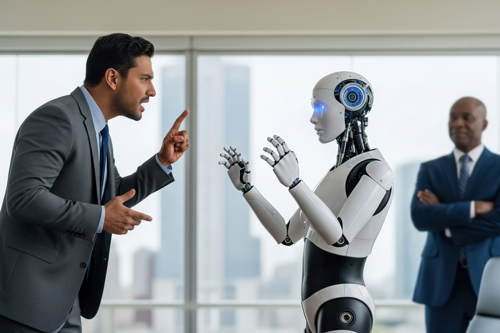 Frustrated manager complains to humanoid robot in a modern office.